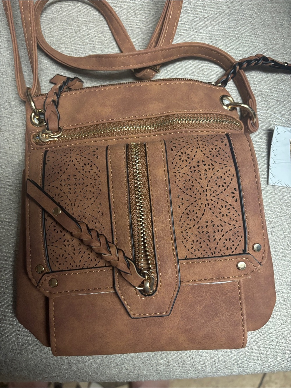 Tan Laser-Cut Braided Accent Crossbody Bag